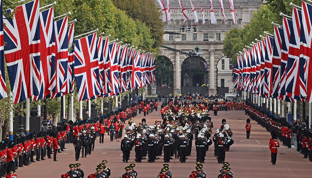 Pictured in the Procession are members of the Royal Marine Band on the Mall.The UK Armed Forces have played a part in the procession for Her Majesty The Queen’s funeral and committal service, in London and Windsor.