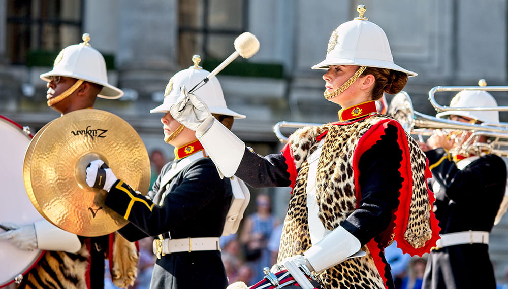 The Royal Marines School of Music returned to the Guildhall in Portsmouth for their biggest and most popular concert of the year, with the concert band, big band, Corps of Drums and the spectacular ceremony of Beating Retreat.