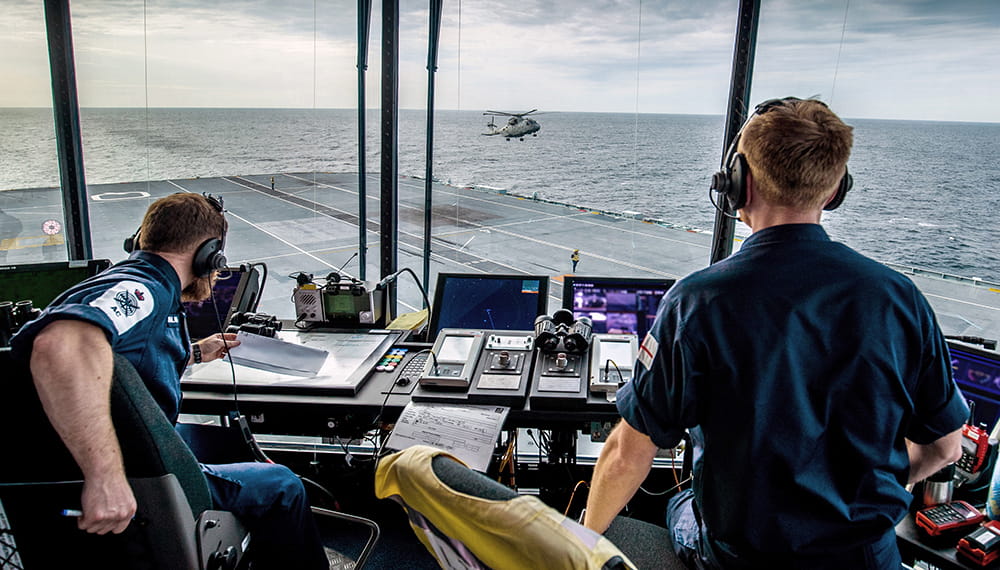 The Flight Control tower during flying operations. Royal Navy aircraft carrier, HMS Queen Elizabeth, has deployed to the USA to land fast jets on deck for the very first time. 