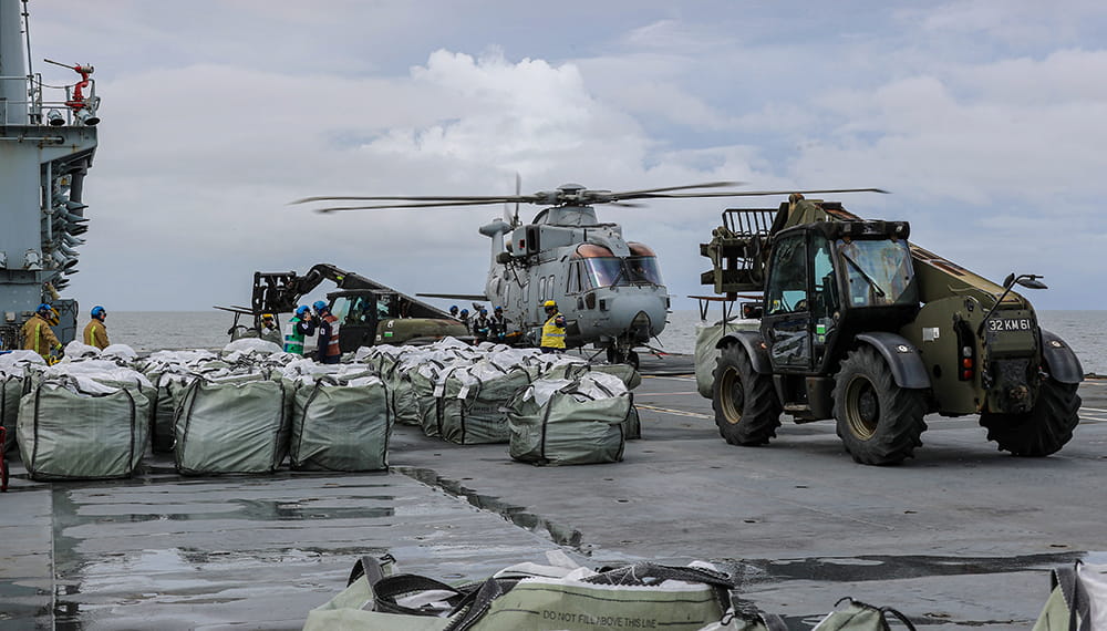 RFA Argus assists US military in Honduras. Pictured Merlin Helicopters refuelling during Humanitarian aid operations.