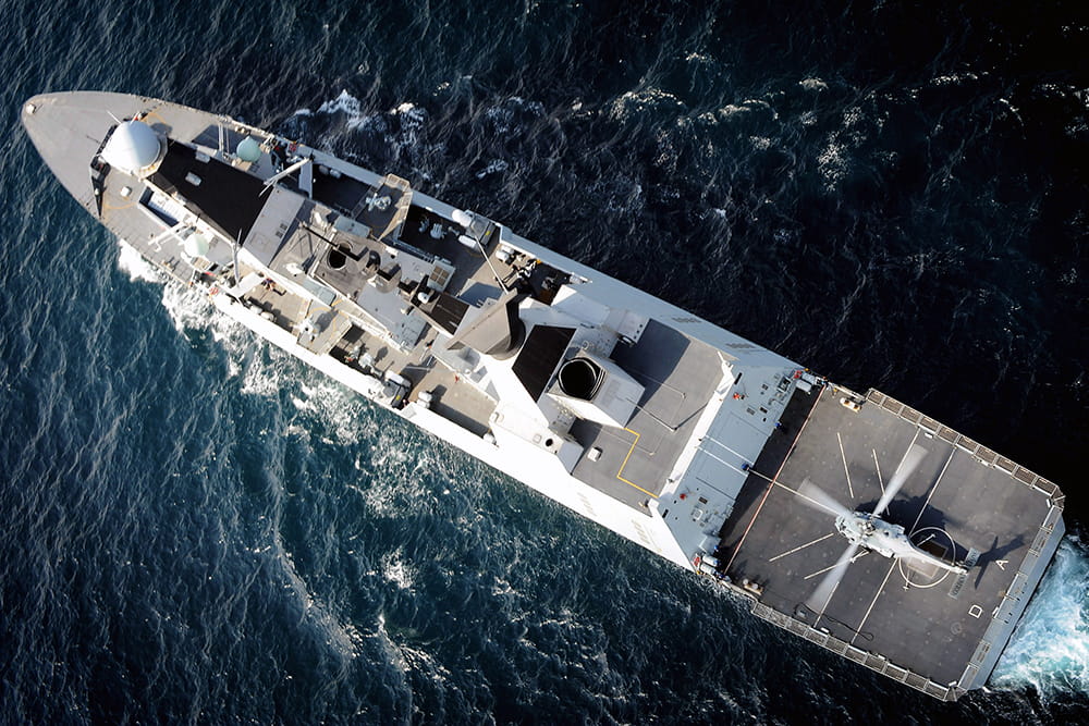 Image of Royal Navy ship, HMS Daring at sea from above