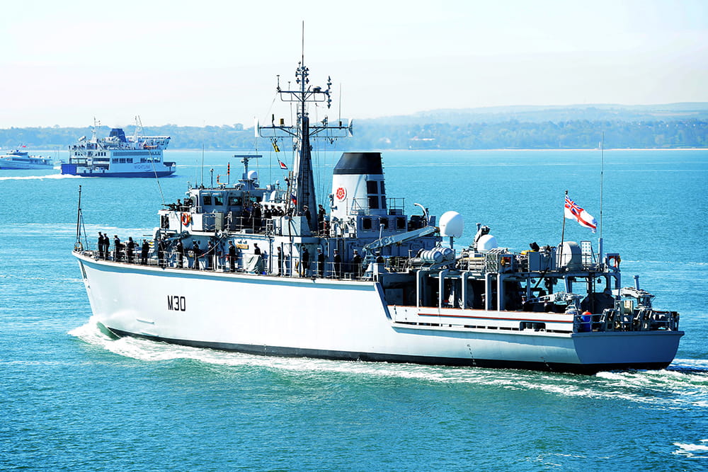 Royal Navy minehunter HMS Ledbury at sea in Portsmouth