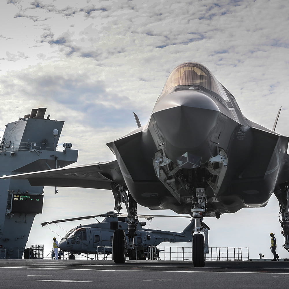 F35 Lightning and Wildcat helicopter on the deck of an aircraft carrier